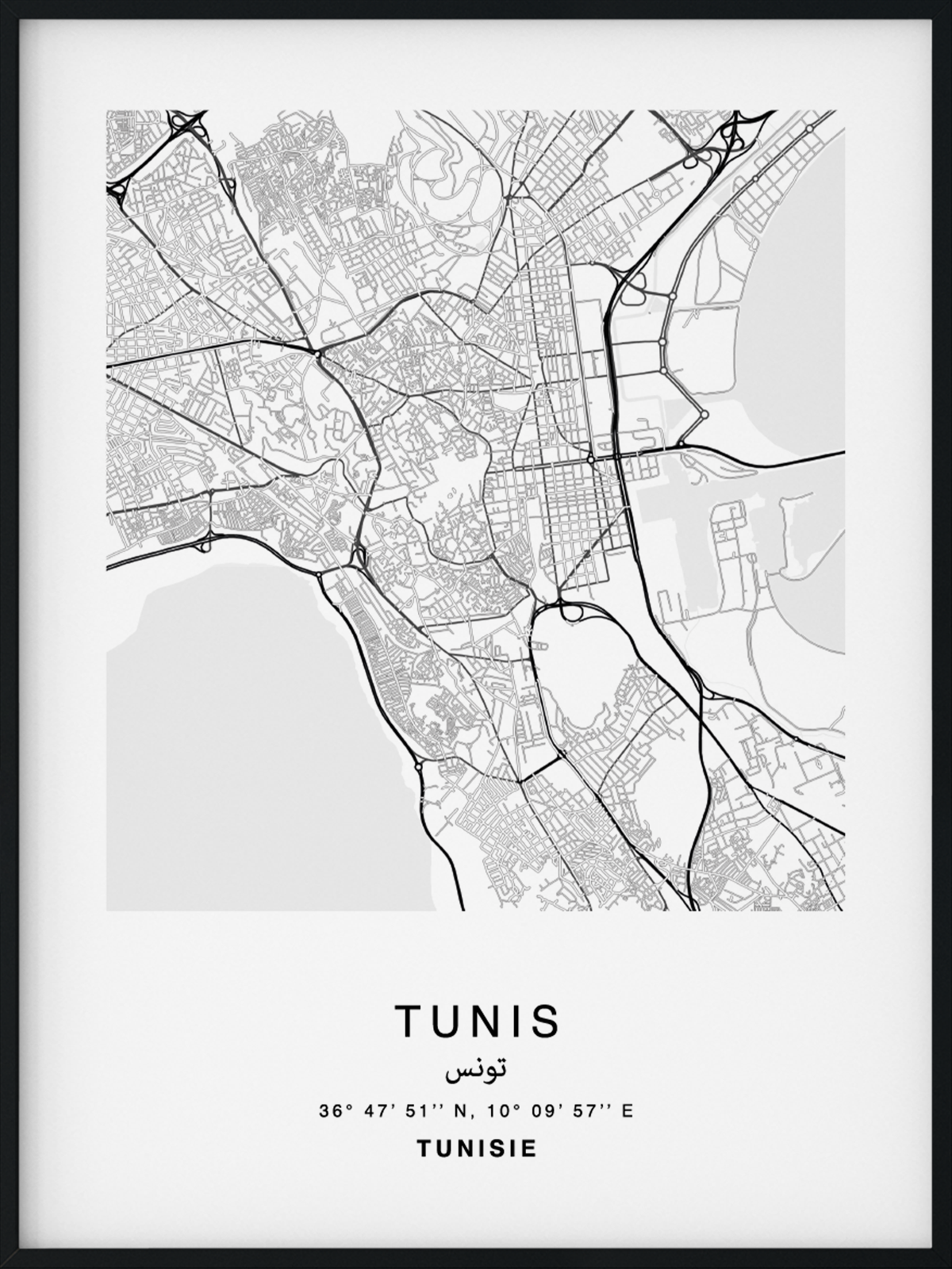 Citymap encadrée de la ville de Tunis au Maroc - Couleur Gris - Poster avec calligraphie arabe et berbère