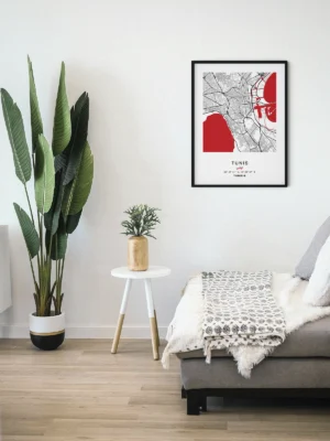 Mise en scène d’un poster Citymap Tunis dans un décor moderne - Couleur Rouge